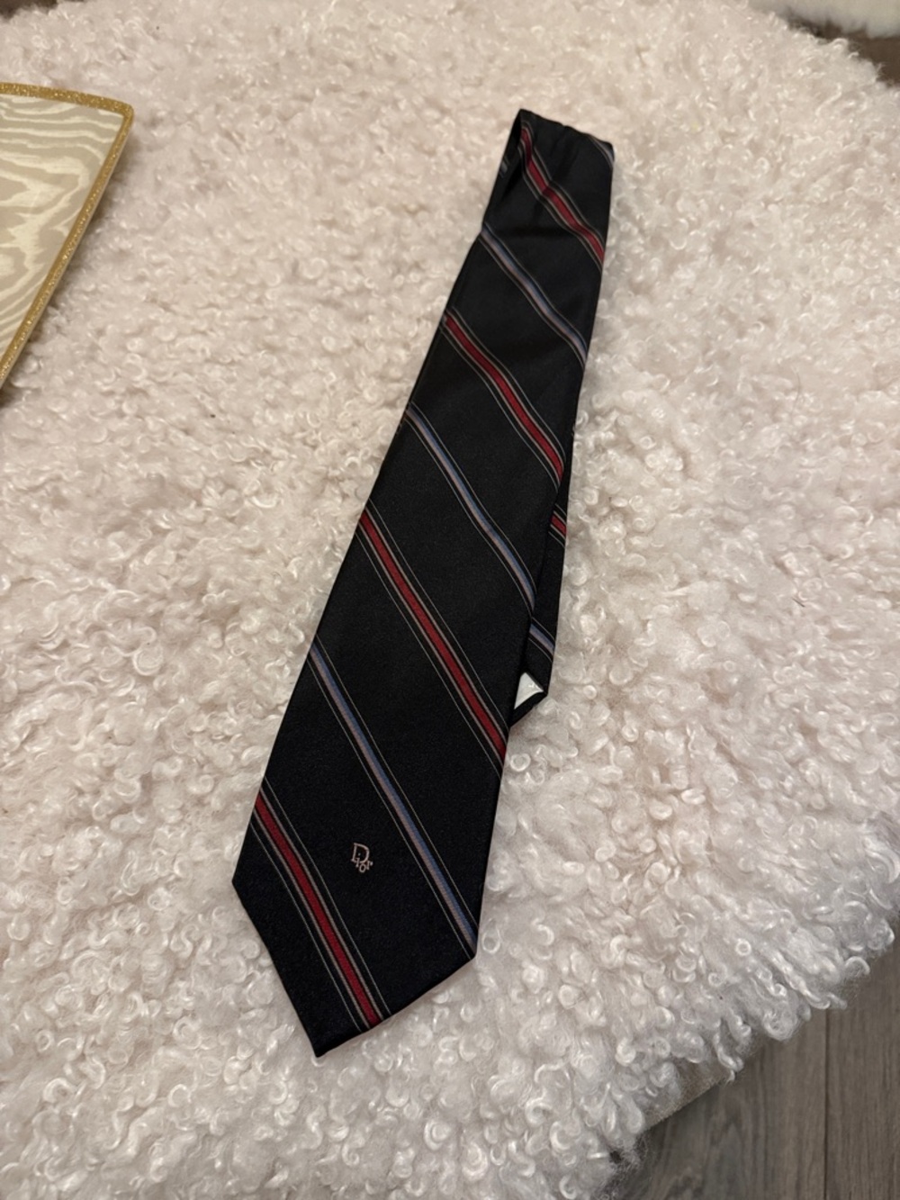 Dior Black Silk Tie with Red and Blue Pinstripes